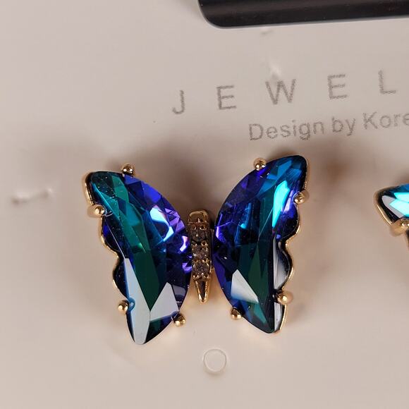 Blue Green Crystal Butterfly Stud Earrings Set of Korea Design, Gift Bag - Picture 3 of 14